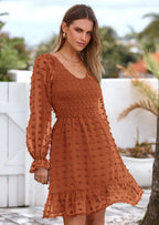 BTFBM Spring Dresses for Women 2026 Long Sleeve Casual V Neck Swiss Dot Smocked Ruffle Chiffon Flowy Mini Summer Dress