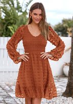BTFBM Spring Dresses for Women 2026 Long Sleeve Casual V Neck Swiss Dot Smocked Ruffle Chiffon Flowy Mini Summer Dress