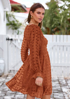 BTFBM Spring Dresses for Women 2026 Long Sleeve Casual V Neck Swiss Dot Smocked Ruffle Chiffon Flowy Mini Summer Dress