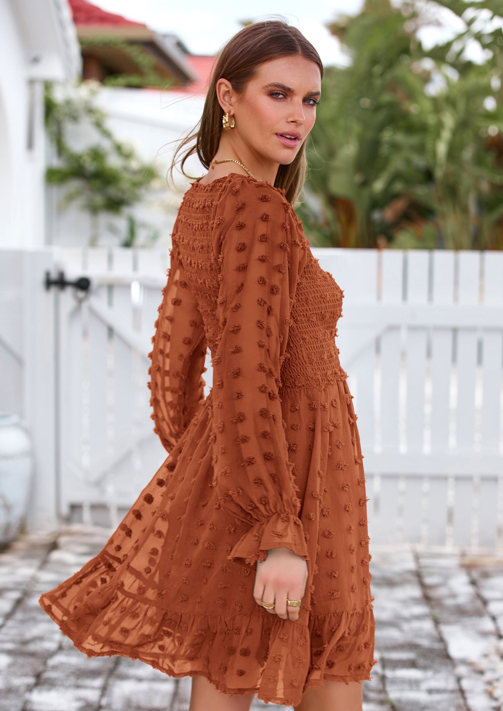 BTFBM Spring Dresses for Women 2026 Long Sleeve Casual V Neck Swiss Dot Smocked Ruffle Chiffon Flowy Mini Summer Dress