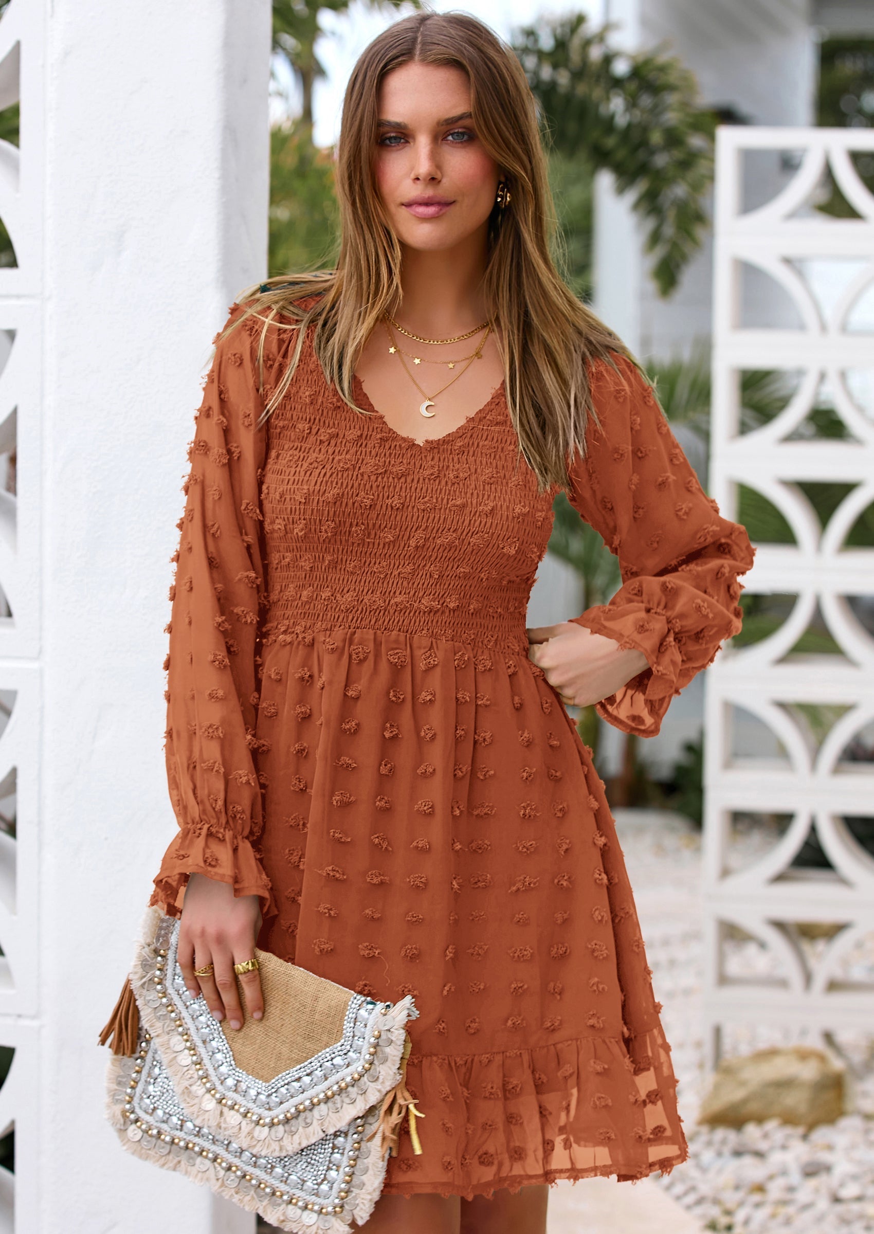 BTFBM Spring Dresses for Women 2026 Long Sleeve Casual V Neck Swiss Dot Smocked Ruffle Chiffon Flowy Mini Summer Dress