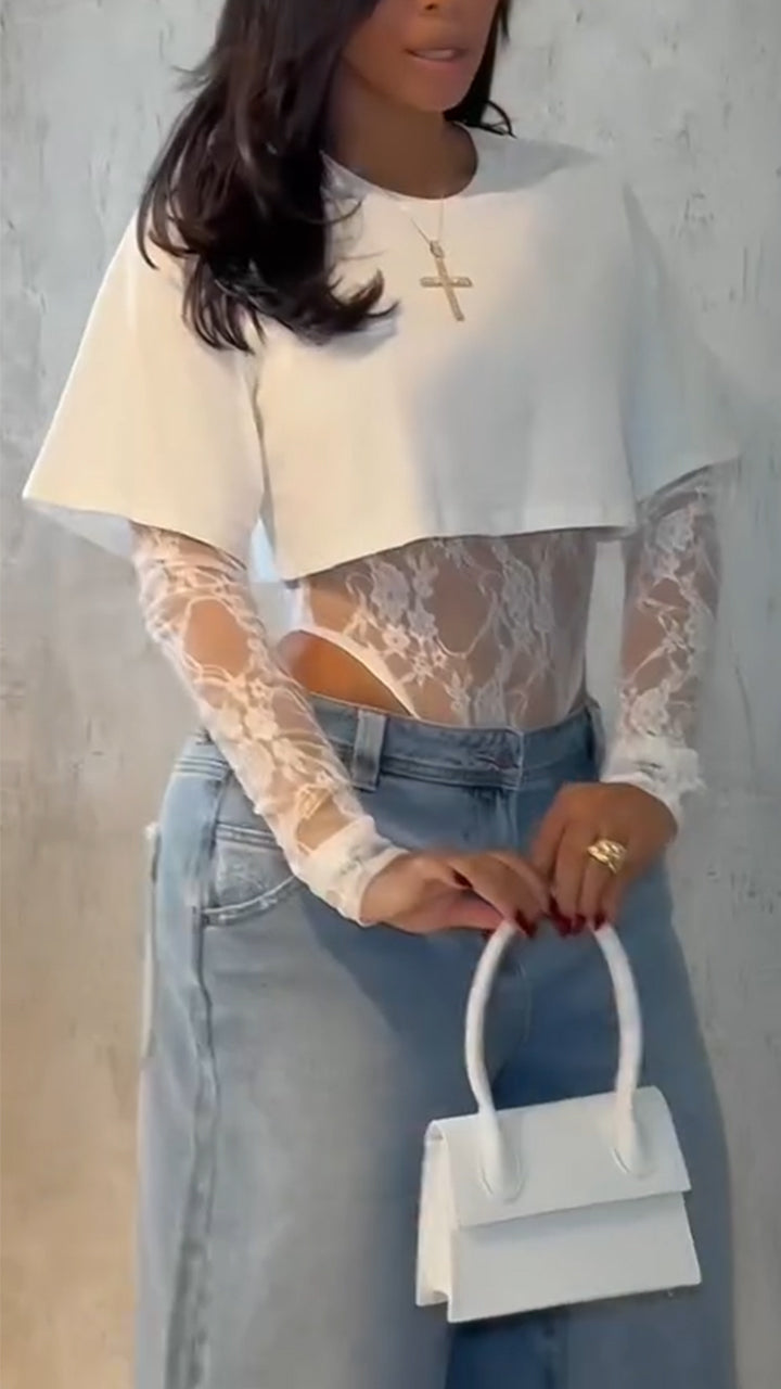 Women's Round Neck Solid Color Short T-shirt + Lace Jumpsuit Two-piece Set