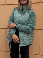 Women Stand-up Collar Diamond Spliced string Pattern Sweater Casual Coat