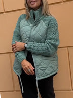 Women Stand-up Collar Diamond Spliced string Pattern Sweater Casual Coat