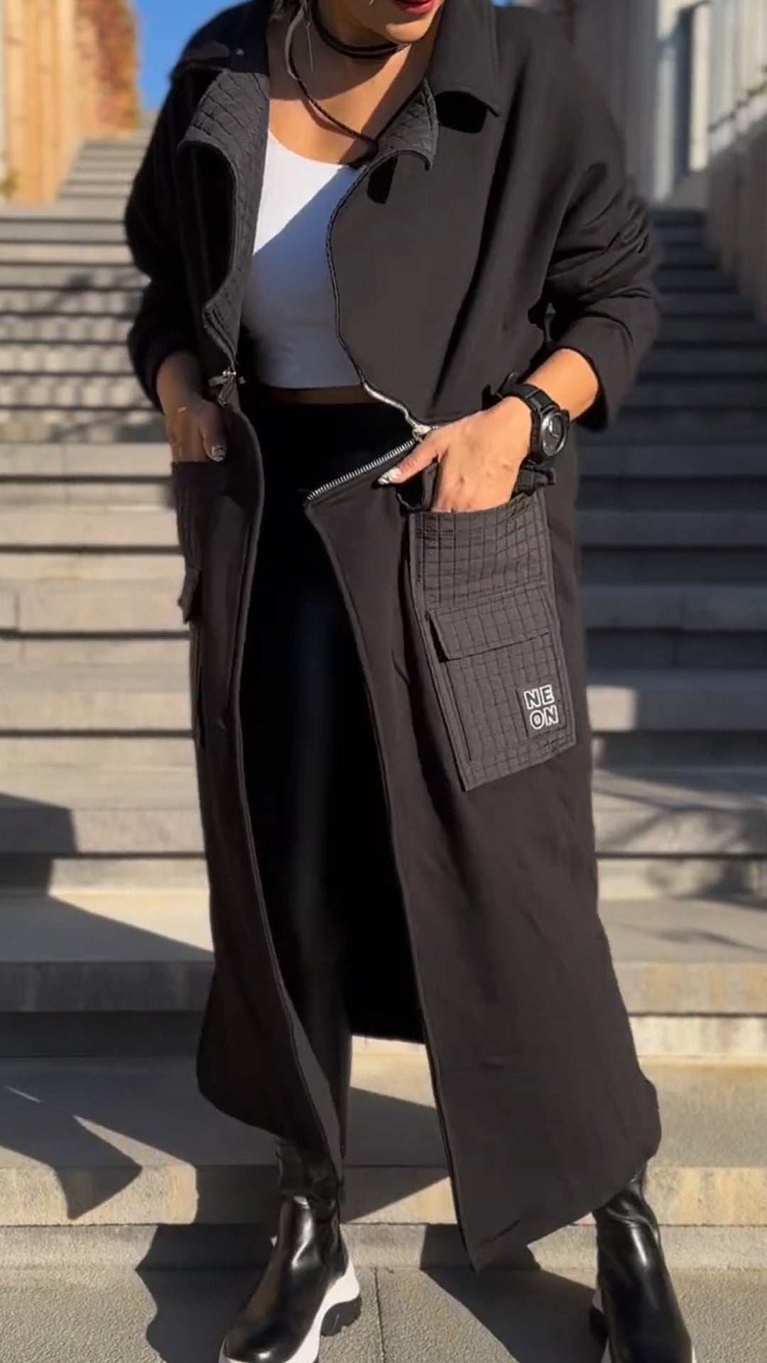 Womens Lapel Patchwork Long Casual Jacket