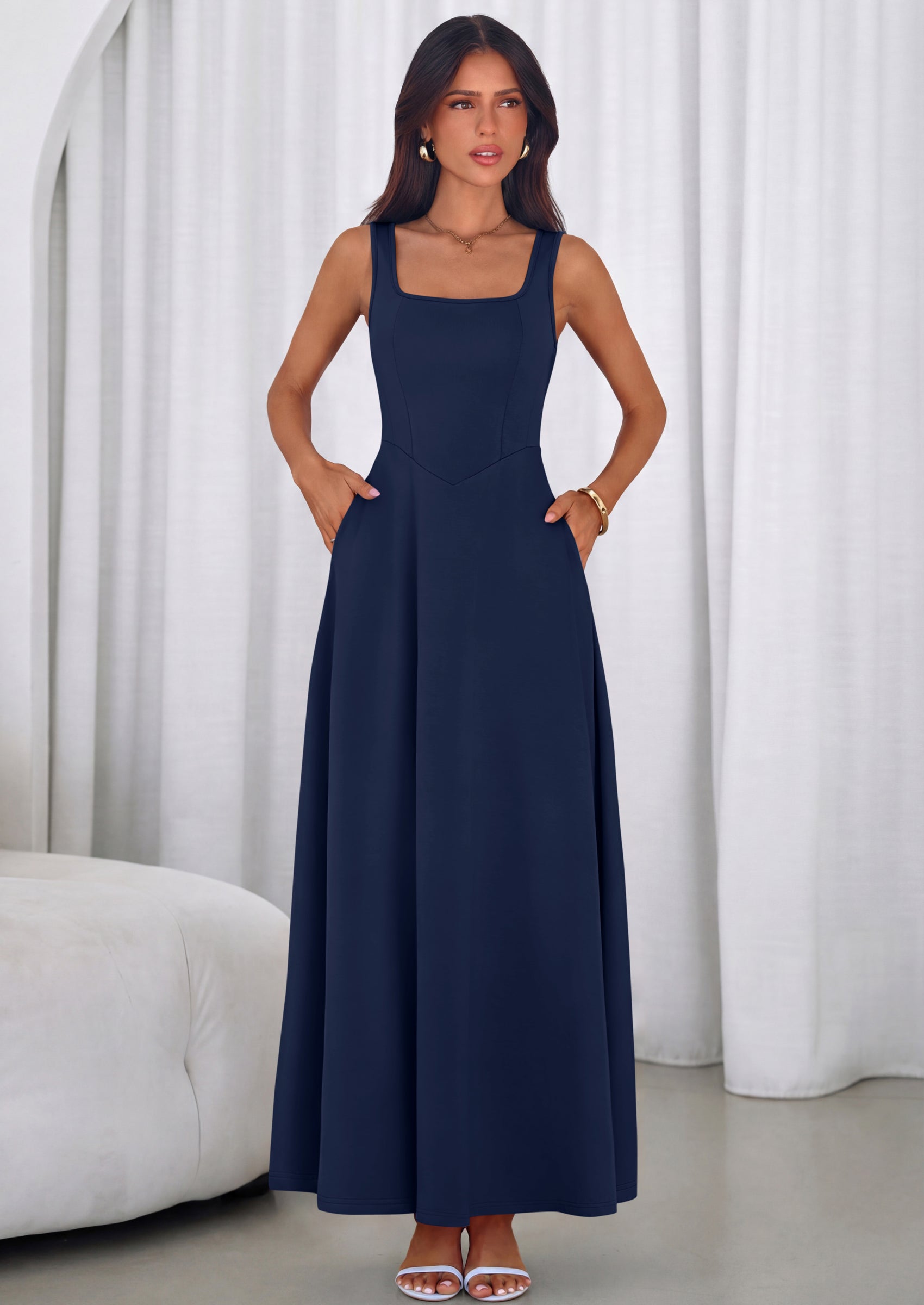 PRETTYGARDEN Womens Summer Dresses Sleeveless Elegant Square Neck Aline Swing Maxi Beach Wedding Guest Dress Pockets