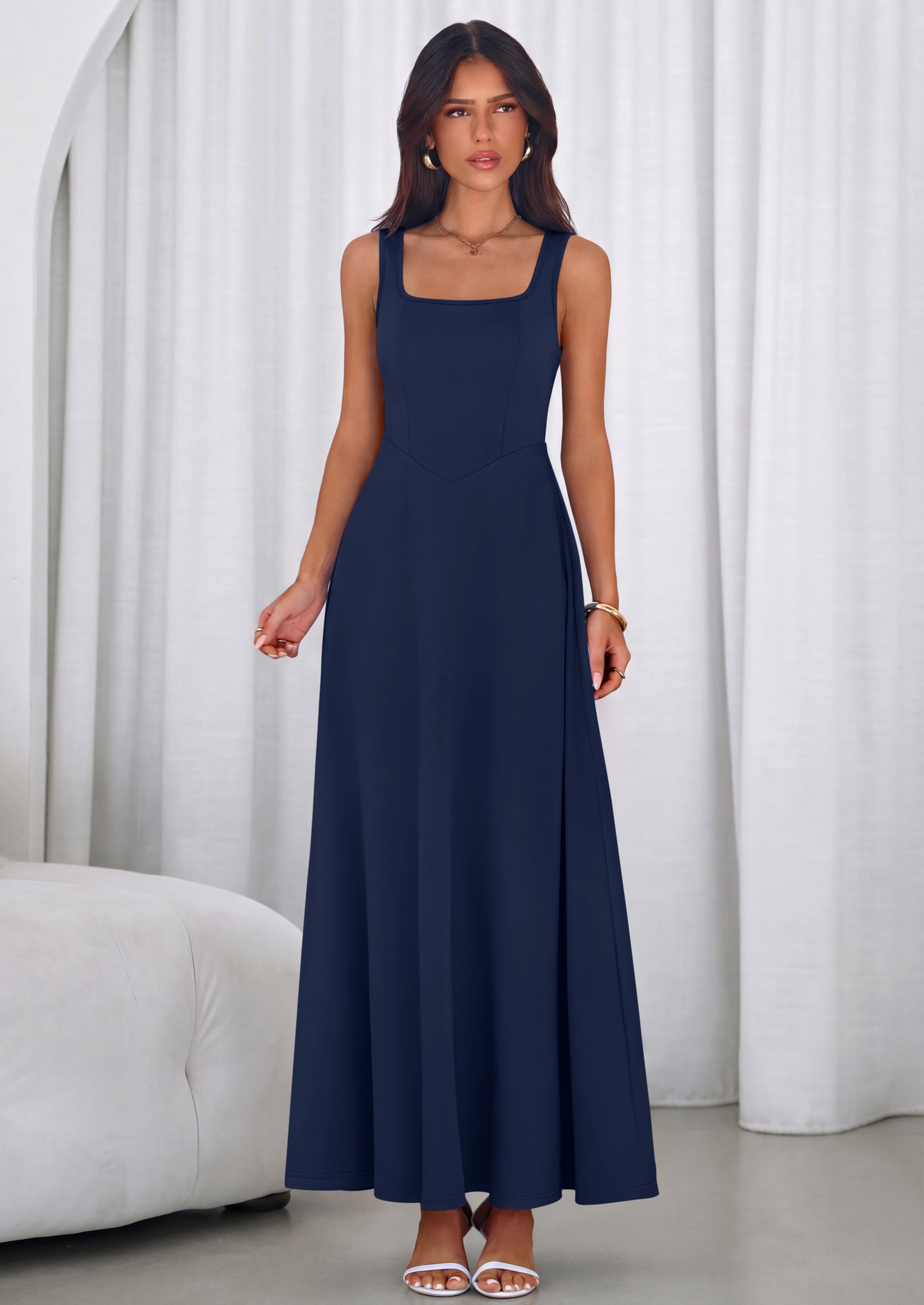 PRETTYGARDEN Womens Summer Dresses Sleeveless Elegant Square Neck Aline Swing Maxi Beach Wedding Guest Dress Pockets