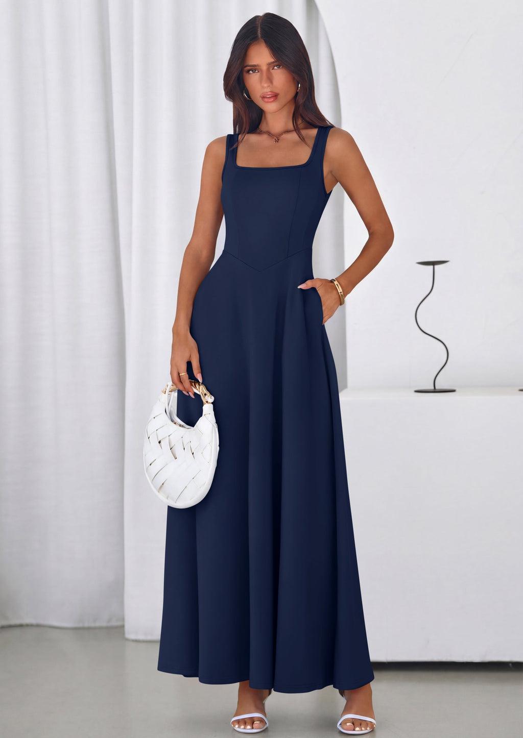 PRETTYGARDEN Womens Summer Dresses Sleeveless Elegant Square Neck Aline Swing Maxi Beach Wedding Guest Dress Pockets