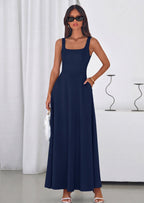 PRETTYGARDEN Womens Summer Dresses Sleeveless Elegant Square Neck Aline Swing Maxi Beach Wedding Guest Dress Pockets