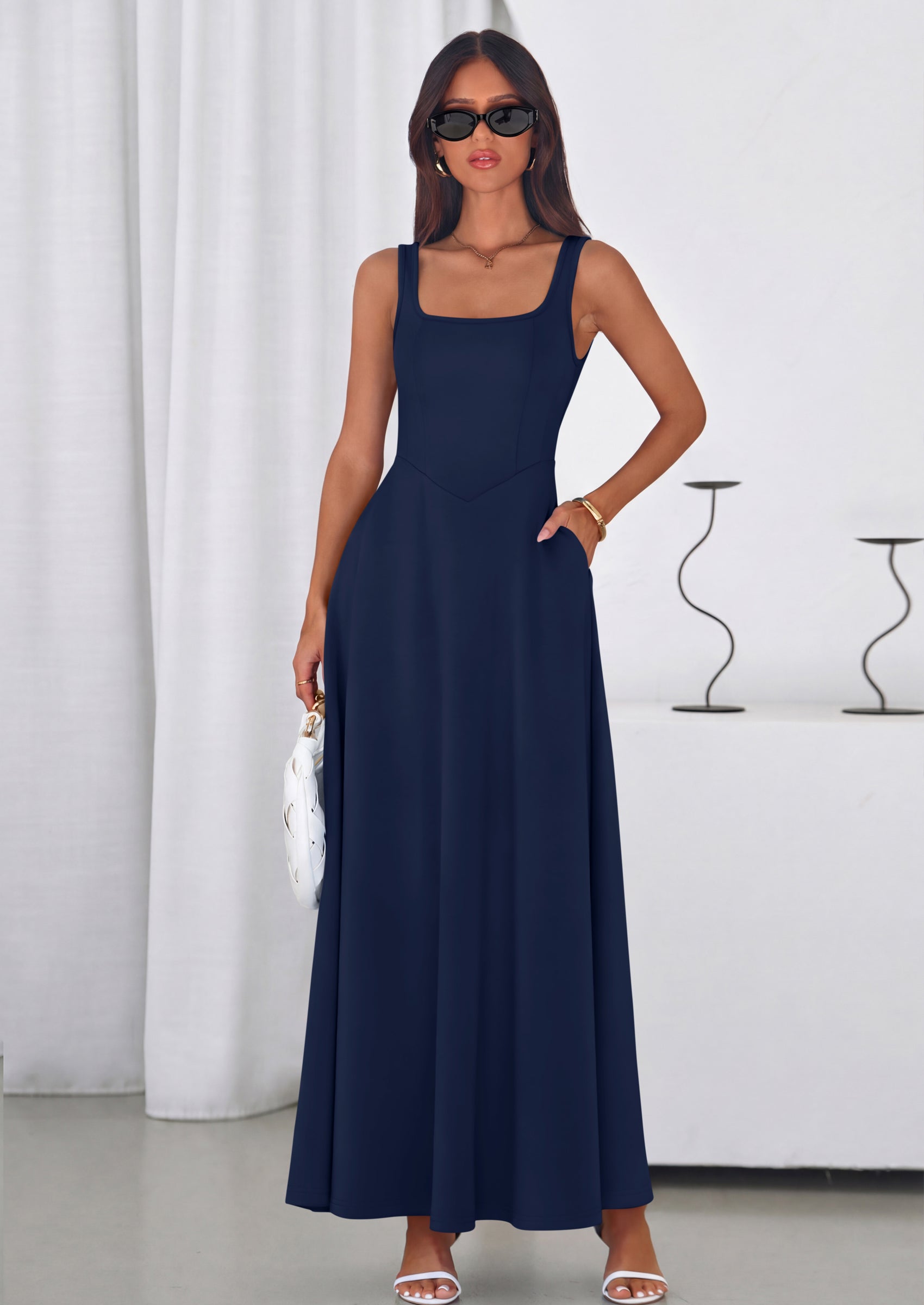 PRETTYGARDEN Womens Summer Dresses Sleeveless Elegant Square Neck Aline Swing Maxi Beach Wedding Guest Dress Pockets