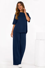PRETTYGARDEN Women's Summer 2 Piece Lounge Set Short Sleeve Tops Wide Leg Pants Spring Vacation Travel Outfits Clothes