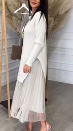 Ladies Inner Mesh Pleated Dress+ Irregular Knitted Sweater Casual Set
