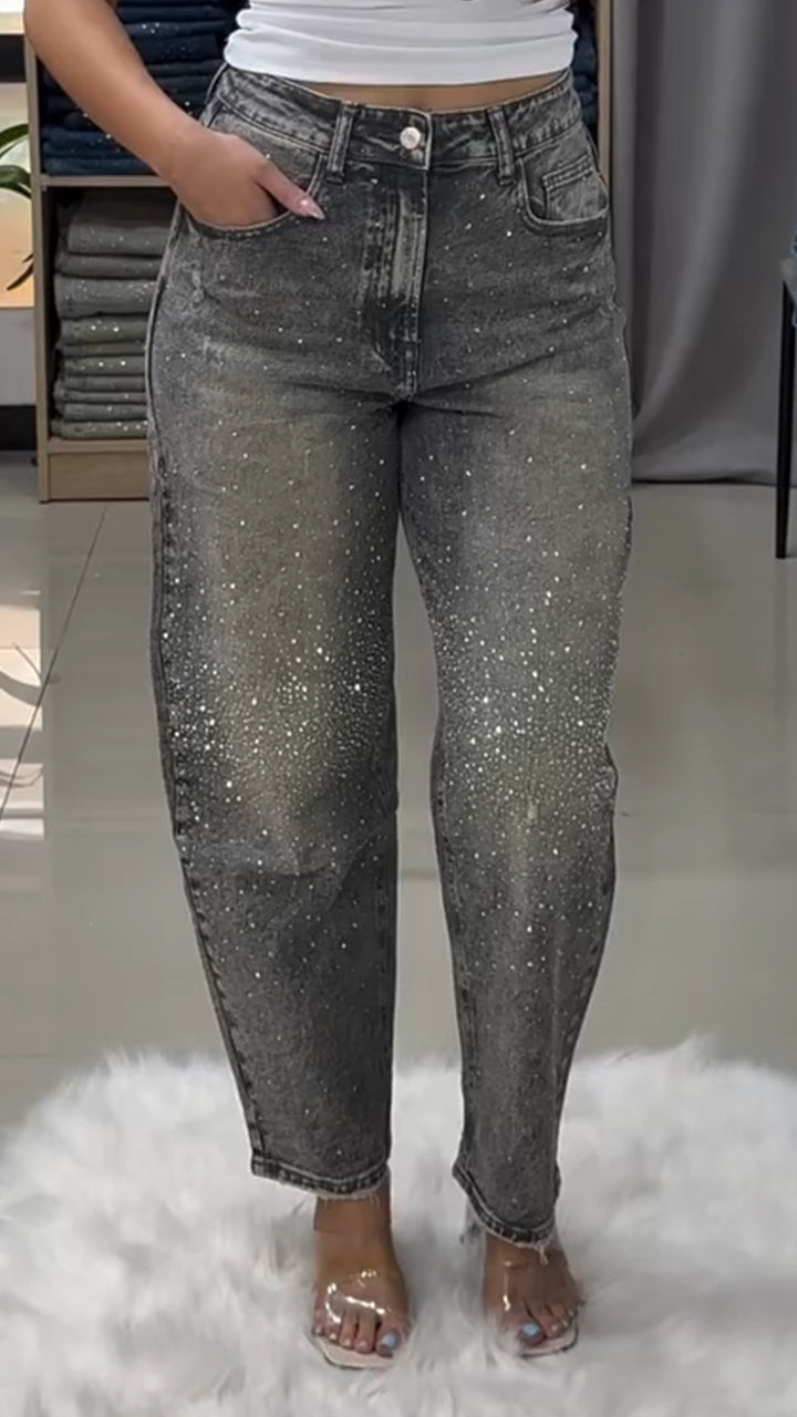 Women Rhinestone Washed Casual Jeans