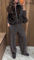 Women Collar Plush Patchwork Jacket+ Pants Casual Set