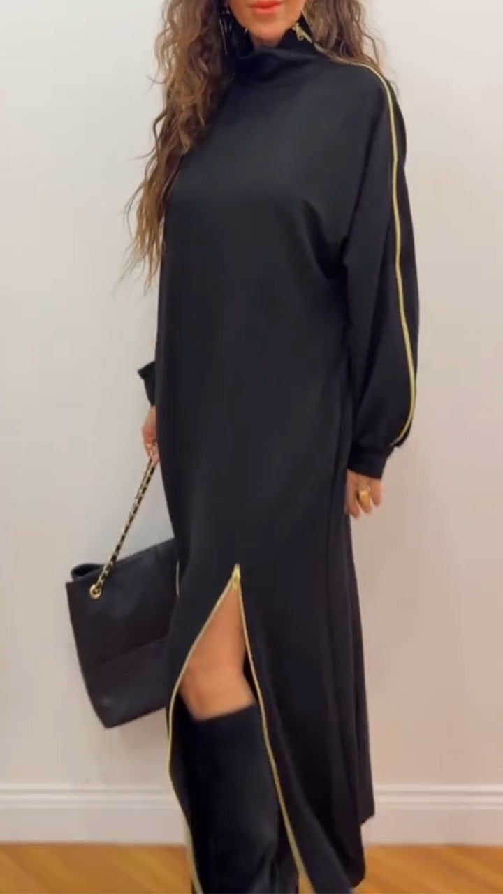 Women Laple Collar Splicing with Multiple Zippers Temperament Casual Dress