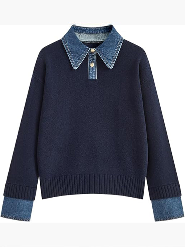 Women Laple Collar Denim Patchwork Sweater Casual Top