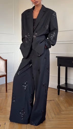Women Laple Collar Sequin Printed Jacket+ Pants Temperament Commuting Set