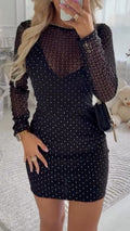 Women Round Neck Plaid Hot Pressed Diamond Sexy Temperament Dress