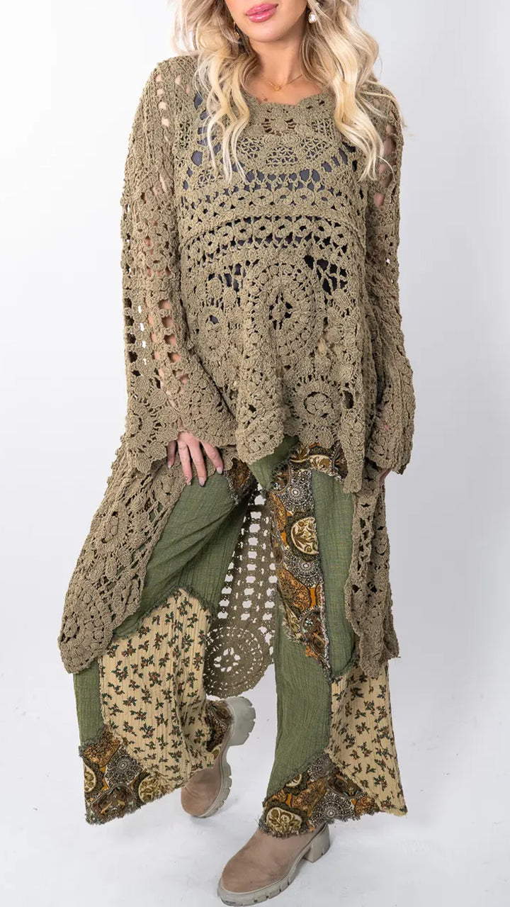 Women Round Neck Printed Hollow Out Casual Long Top