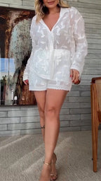 Women Laple Collar Pattern Solid Color Casual Set