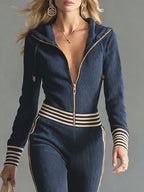 Women V-neck Hooded Fashionable Sports Zipper Knitted Jumpsuit