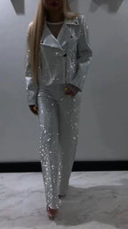 Women Laple Collar Hot Diamond Jacket+ Pants Sparkling Casual Set