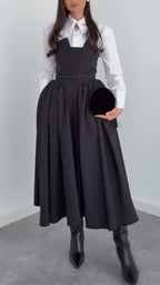 Women Laple Collar Shirt+ Strapless Patchwork Dress Elegant Temperament Set