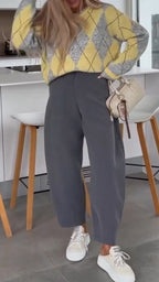 Women Round Neck Plaid Sweater + Pants Casual Suit