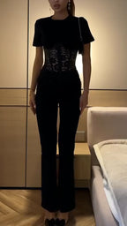 Women Round Neck Patchwork Lace Casual Top
