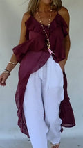 Women Spaghetti Strap Patchwork Casual Irregular Long Top
