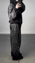 Women Hooded Hot Stamping Rhinestone Jacket+ Pants Casual Set