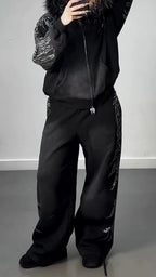 Women Hooded Hot Stamping Rhinestone Jacket+ Pants Casual Set