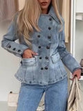 Women Collar Double Breasted Patchwork Casual Denim Jacket