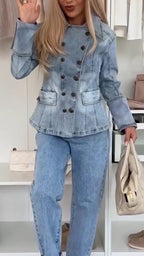 Women Collar Double Breasted Patchwork Casual Denim Jacket