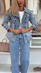 Women Collar Double Breasted Patchwork Casual Denim Jacket