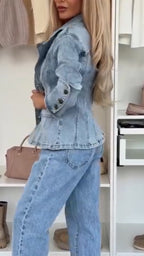 Women Collar Double Breasted Patchwork Casual Denim Jacket