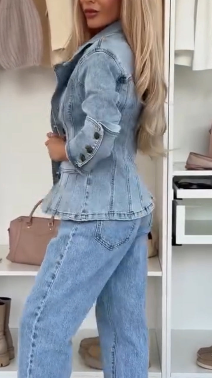 Women Collar Double Breasted Patchwork Casual Denim Jacket