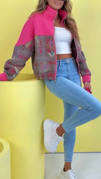 Women Standing Collar Patchwork Printed Casual Jacket