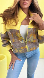 Women Standing Collar Patchwork Printed Casual Jacket
