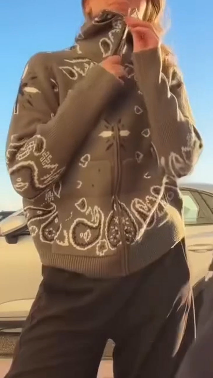 Women Standing Collar Printed Casual Coat