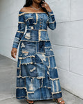 Patch Off-shoulder Long Sleeves Casual Dress