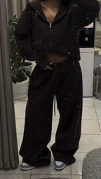 Women Round Neck Hooded Hot Stamping Rhinestone Casual Set