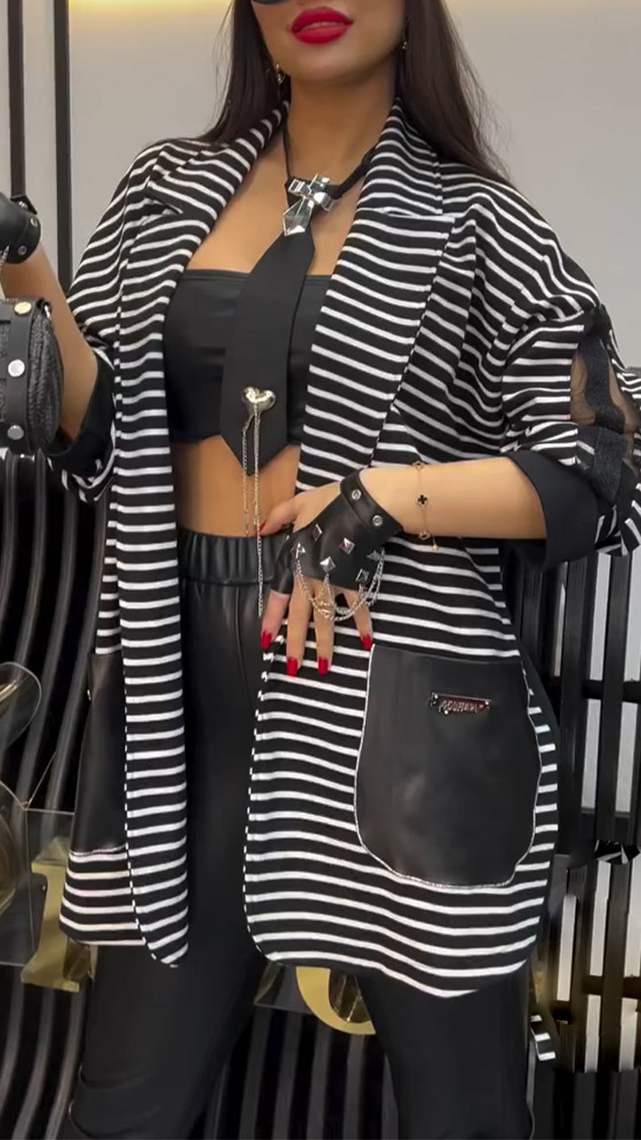 Women Collar Striped Casual Coat