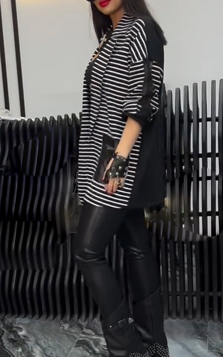 Women Collar Striped Casual Coat