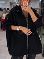 Women Hooded Rhinestone Patterned Casual Jacket