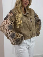 Women Collar Patchwork Crochet Sleeves Casual Jacket