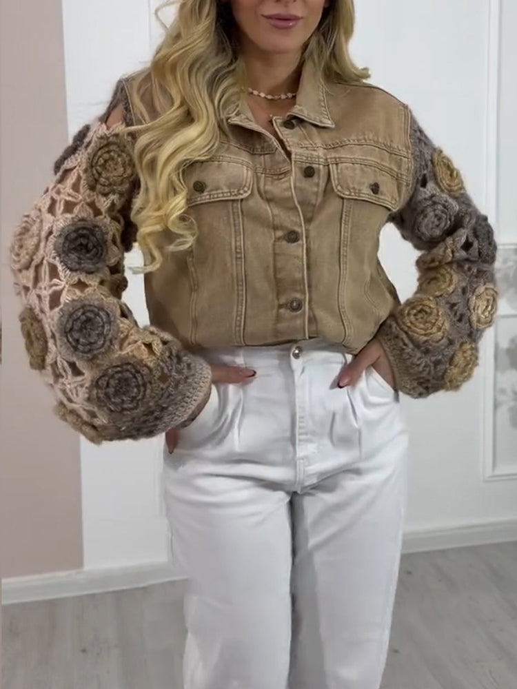 Women Collar Patchwork Crochet Sleeves Casual Jacket