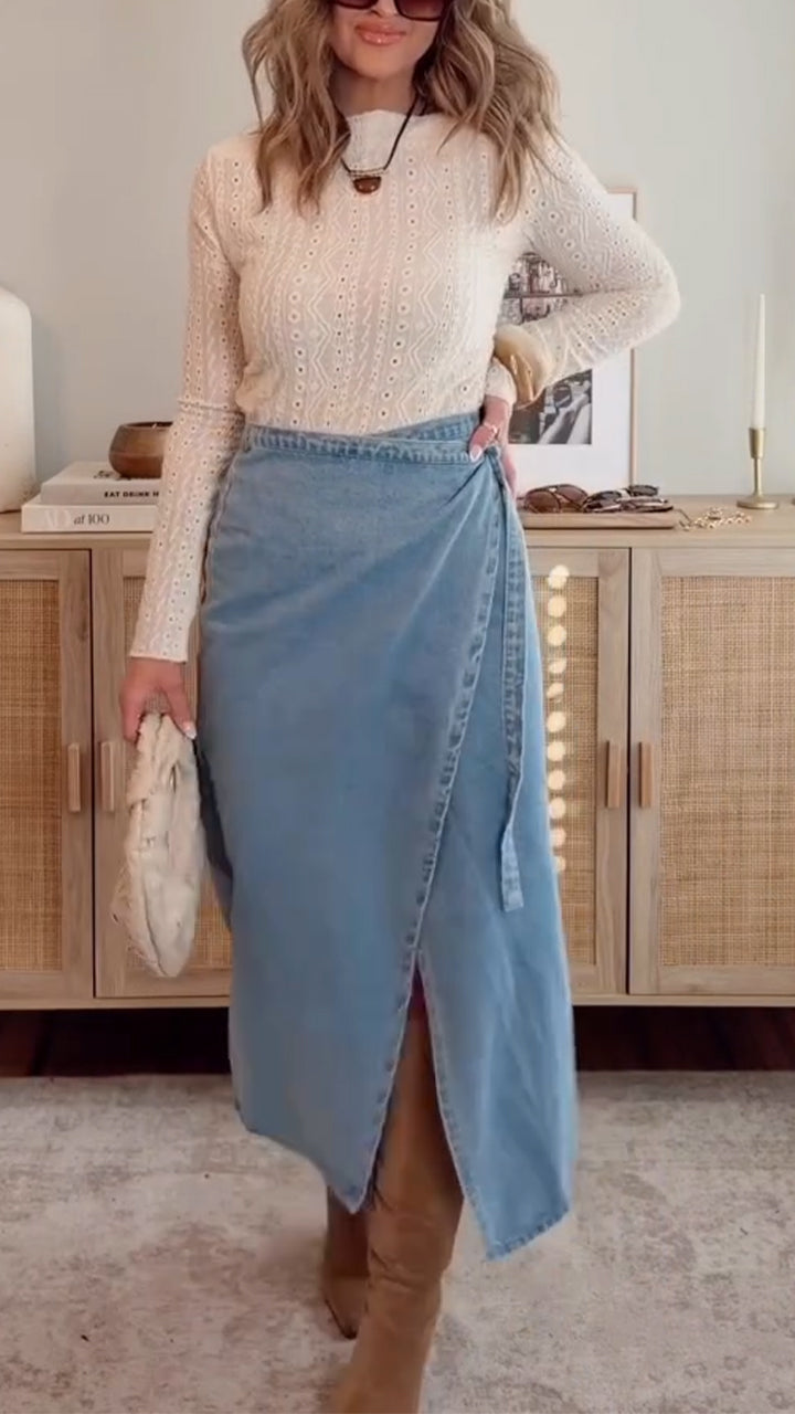 Women Round Neck Top+ Slit Denim Half Skirt Elegant Casual Set