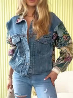 Women Collar Patchwork Printed Casual Denim Jacket