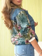 Women Collar Patchwork Printed Casual Denim Jacket